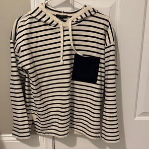 J Crew Striped Hooded Hoodie/Pullover Sweater with Chest Pocket - Navy & White S